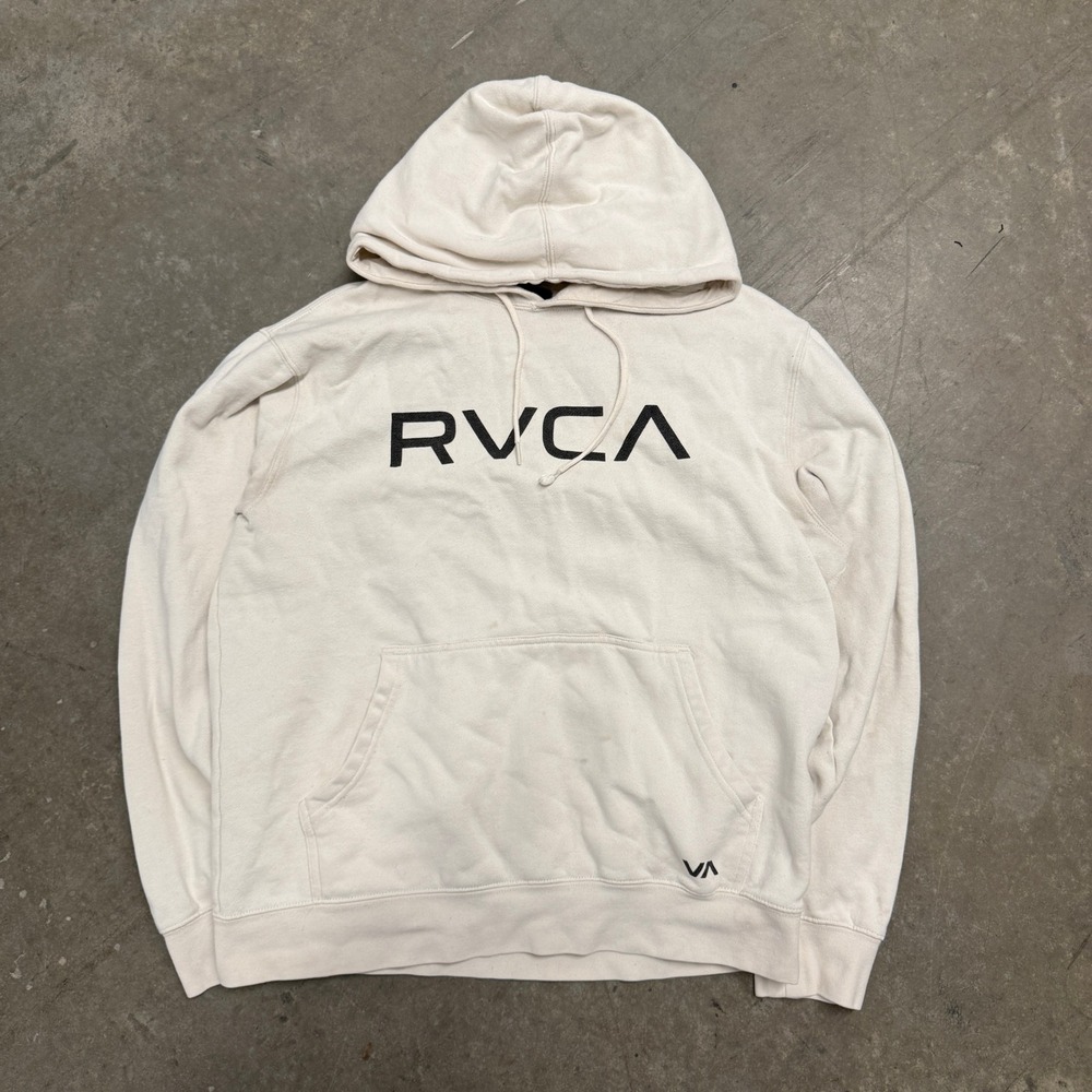 RVCA Big RVCA Pullover Hoodie Mens Medium Cream‎ Off White Logo Sweatshirt 2643